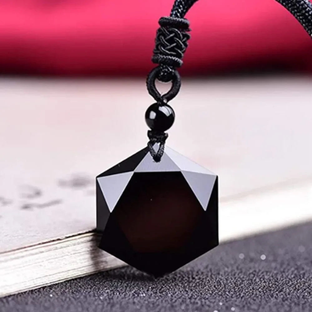 Obsidian Hexagram Pendant Necklace for Protection and Luck