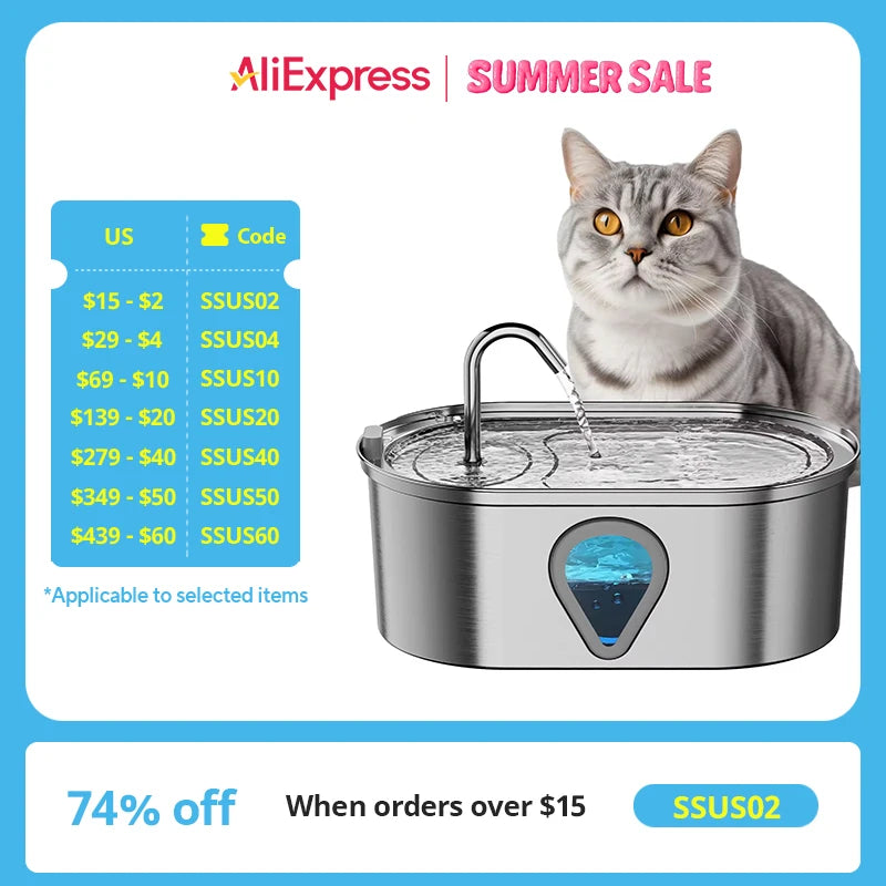 Automatic Stainless Steel Cat Water Fountain with LED Light