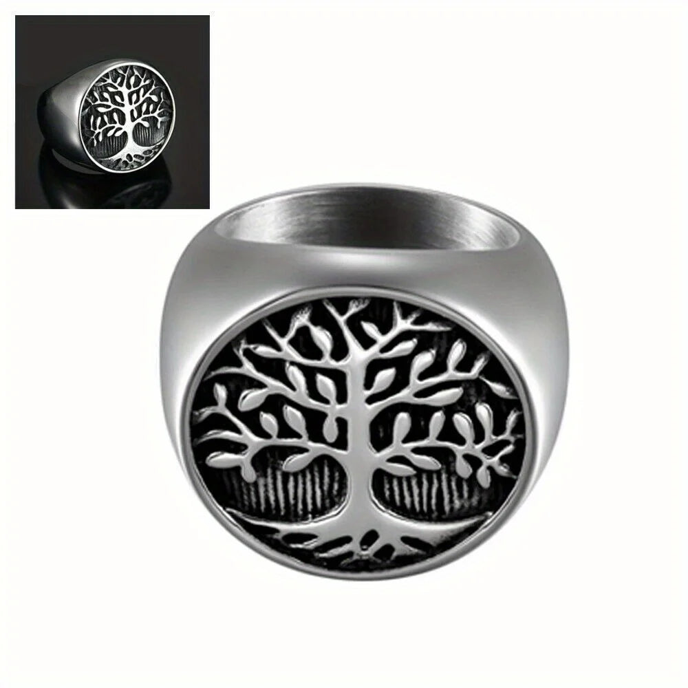 Mens Vintage Stainless Steel Tree Band Ring