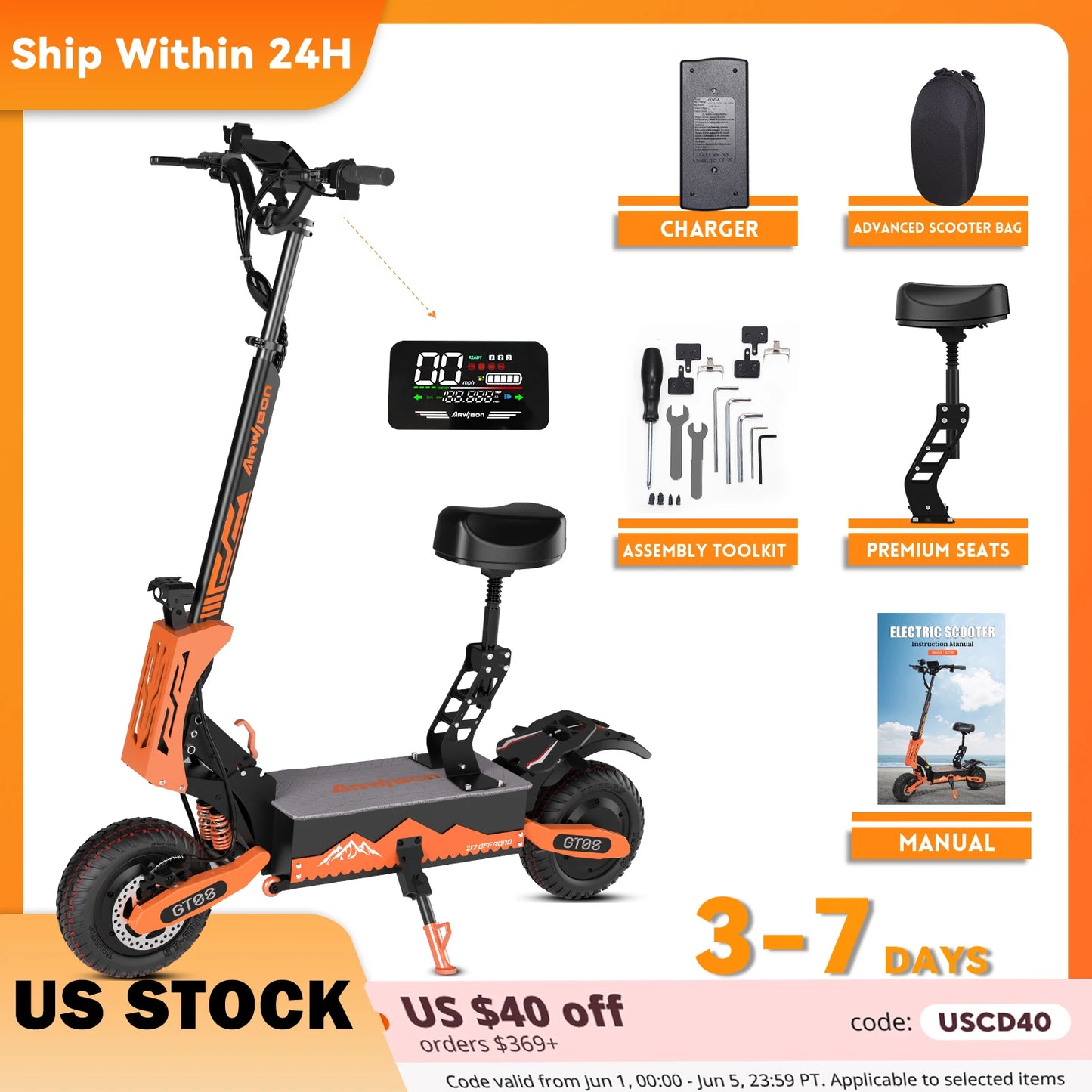 Arwibon Dual Motor Electric Scooter with Off-Road Tires