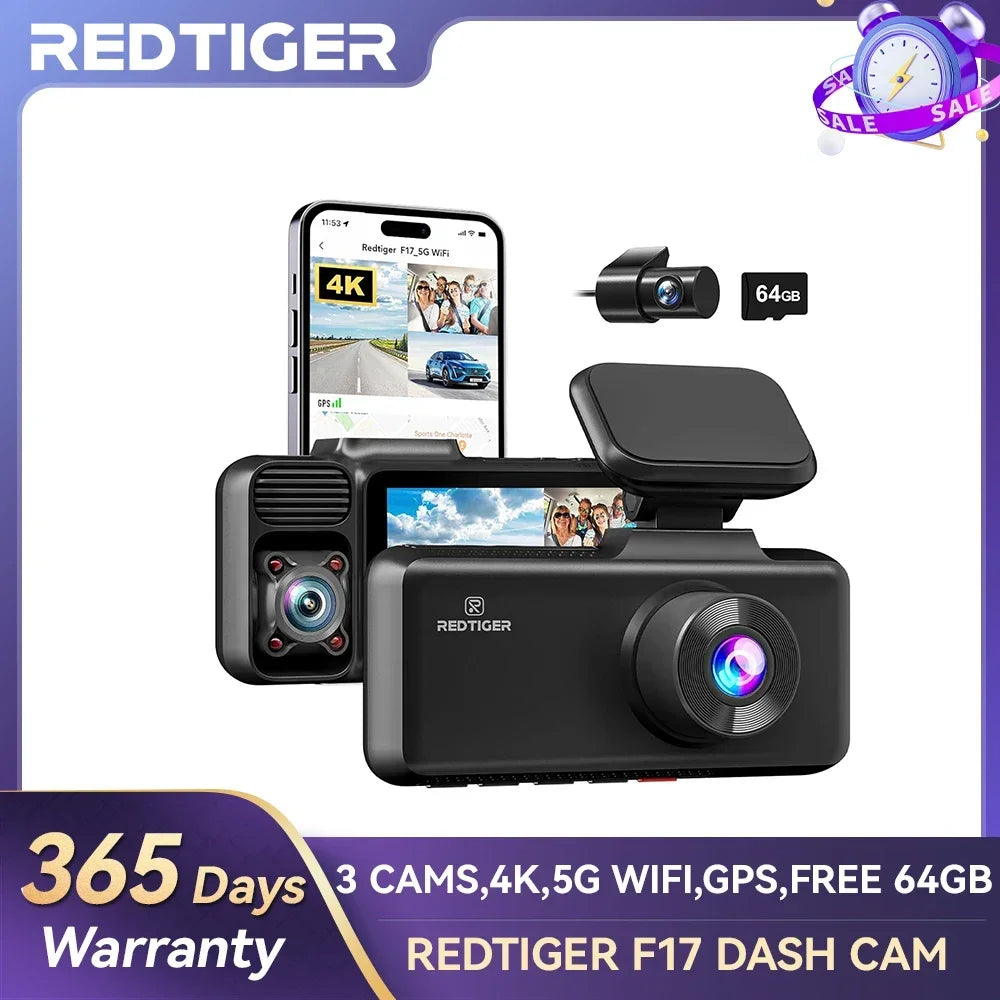 REDTIGER 3 Channel 4K Dash Camera with Night Vision and GPS