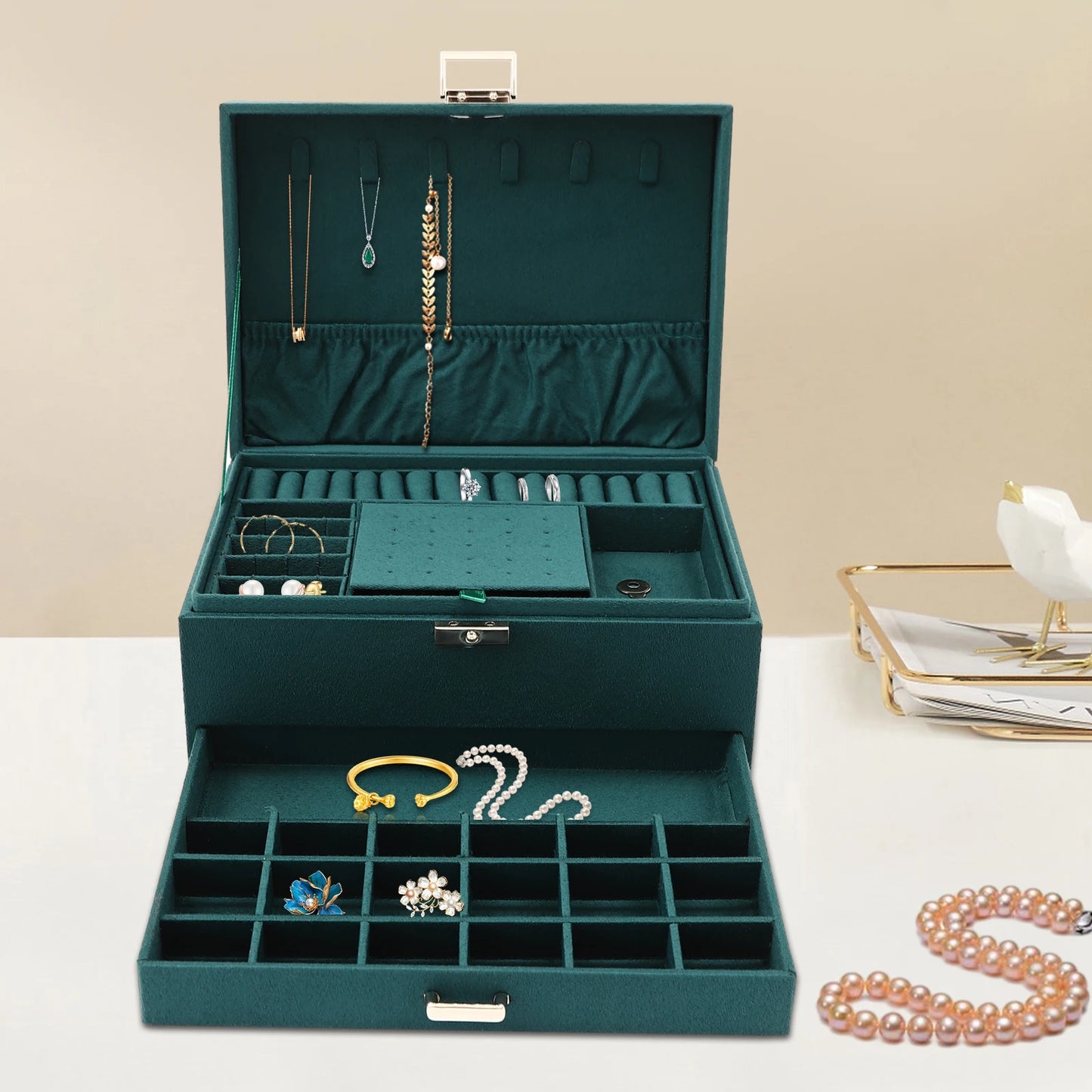 3 Layers Large Jewellery Boxes Space-Saving Drawer Box Green