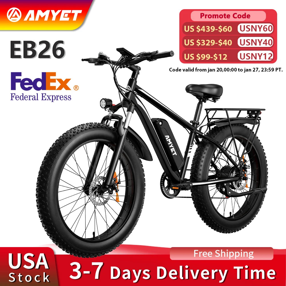 Amyet EB26 Electric Bike for Adults 1000W 48V 15AH E Bike 26 Inch Fat Tire Mountain Dual Shock Absorber 31mph