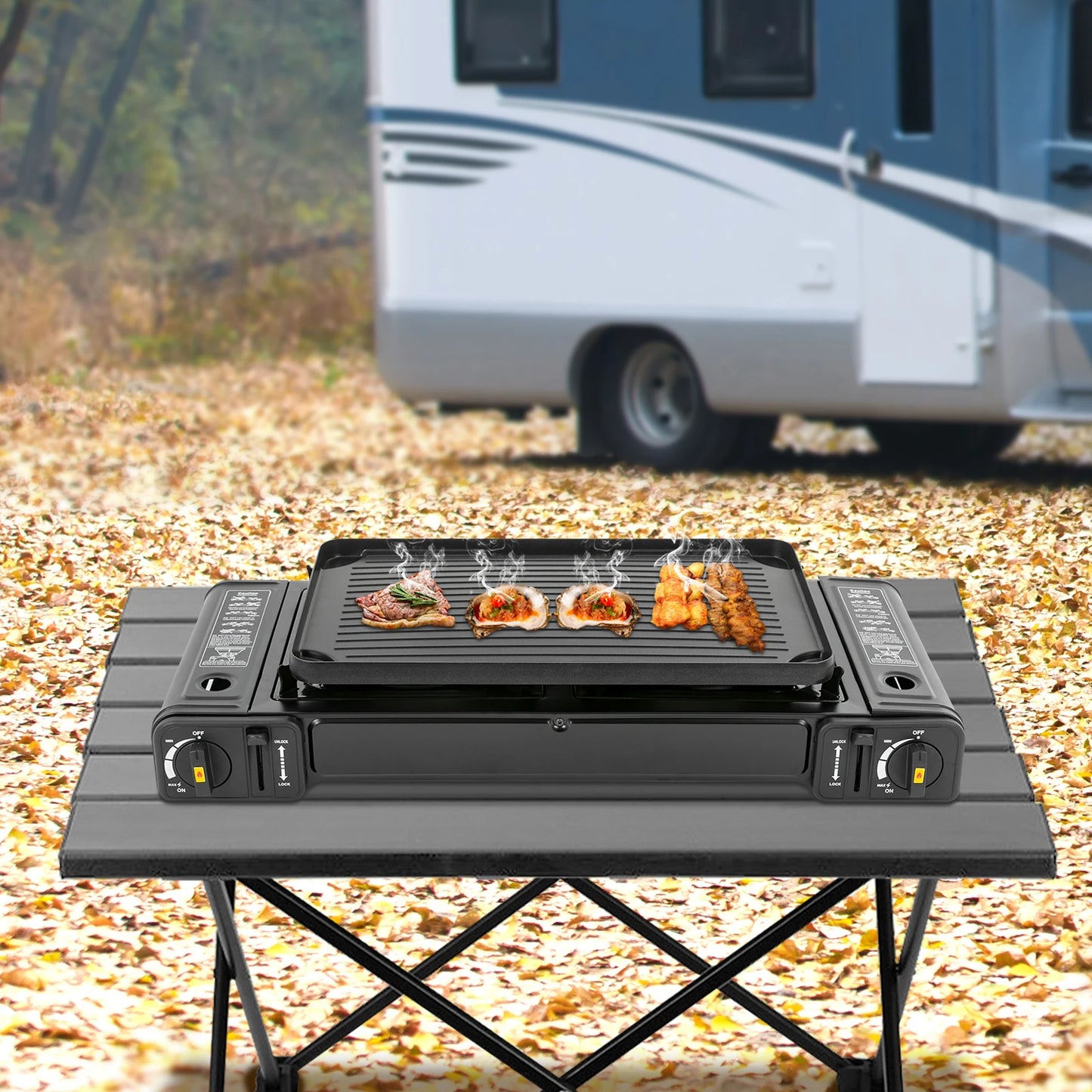 Double Head Barbecue Gas Stove with Grill Tray for Outdoors