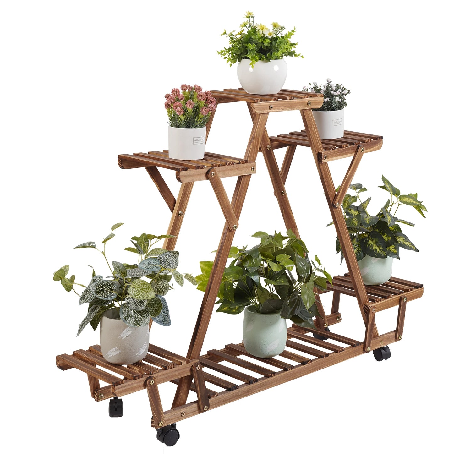 Triangular Plant Shelf 6 Potted Carbonized Wood Holder