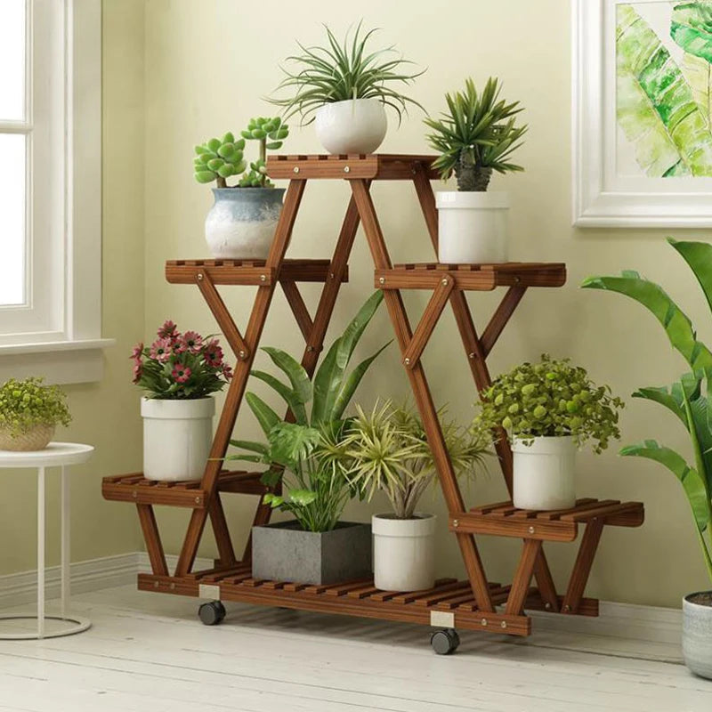 Triangular Plant Shelf 6 Potted Carbonized Wood Holder