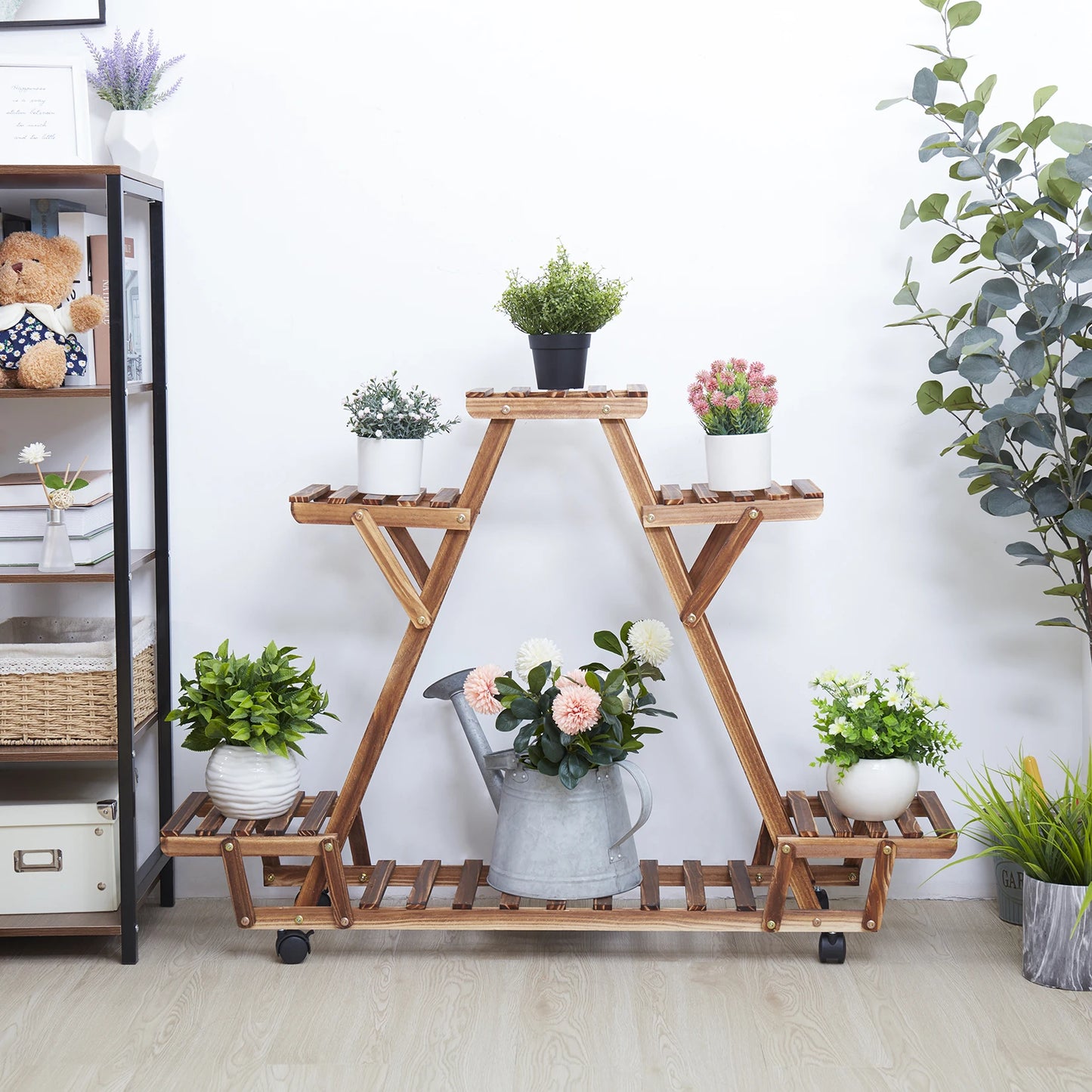 Triangular Plant Shelf 6 Potted Carbonized Wood Holder