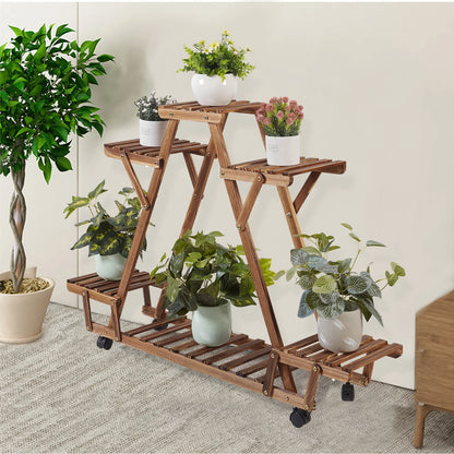 Triangular Plant Shelf 6 Potted Carbonized Wood Holder