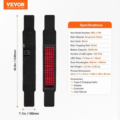 Red Light Therapy Belt for Waist 660nm 850nm 105 LEDs for Pain Relief