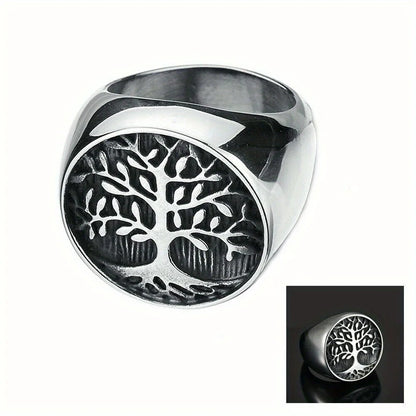 Mens Vintage Stainless Steel Tree Band Ring