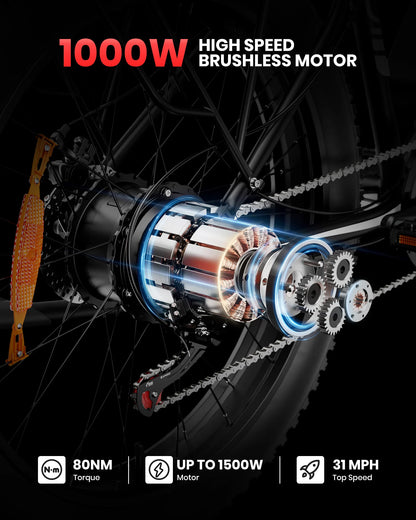 Amyet EB26 Electric Bike for Adults 1000W 48V 15AH E Bike 26 Inch Fat Tire Mountain Dual Shock Absorber 31mph