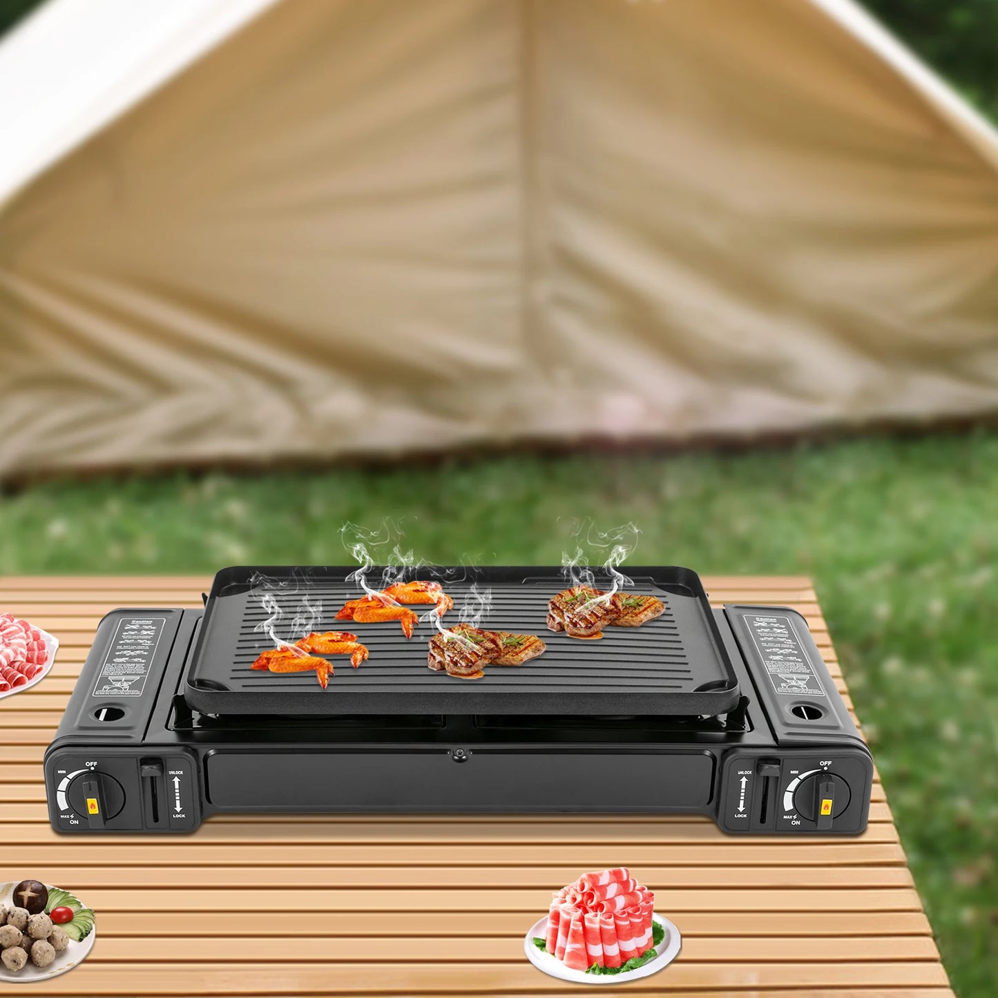 Double Head Barbecue Gas Stove with Grill Tray for Outdoors
