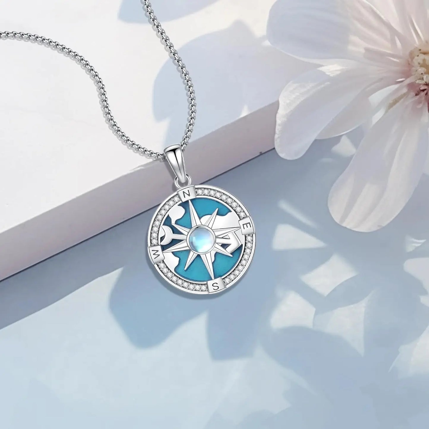 Compass Pendant Necklace in 925 Sterling Silver for Travelers