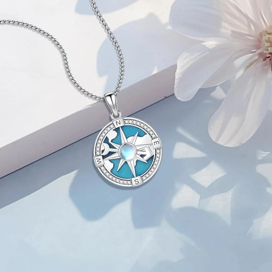 Compass Pendant Necklace in 925 Sterling Silver for Travelers
