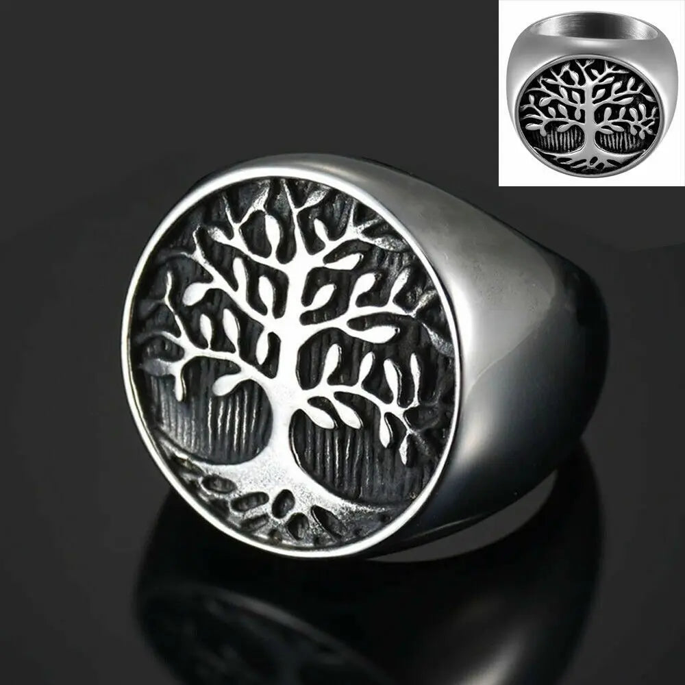 Mens Vintage Stainless Steel Tree Band Ring