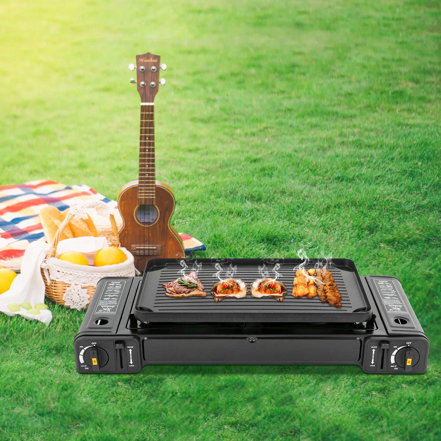 Double Head Barbecue Gas Stove with Grill Tray for Outdoors