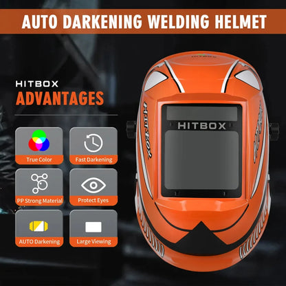 Hitbox HB555 Welding Helmet Auto Darkening 3.9x3.1 Inch Large Viewing True Color Solar Battery Powered Welder Mask