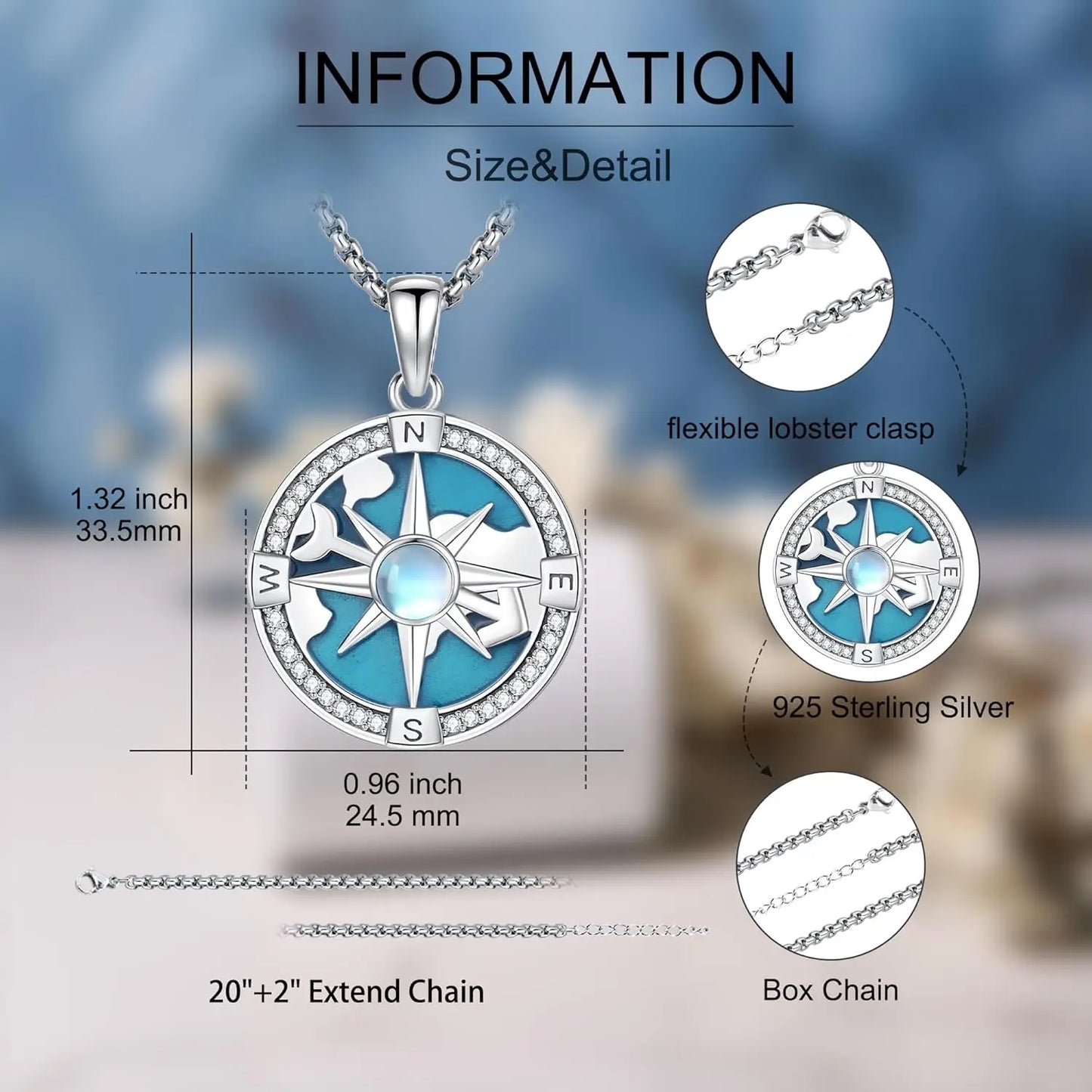 Compass Pendant Necklace in 925 Sterling Silver for Travelers