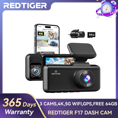 REDTIGER 3 Channel 4K Dash Camera with Night Vision and GPS