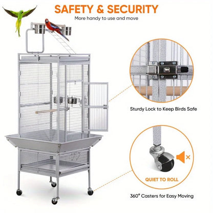 Large Rolling Parrot Cage with Game Top and Easy Cleaning