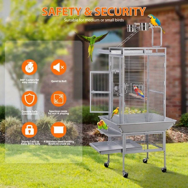 Large Rolling Parrot Cage with Game Top and Easy Cleaning