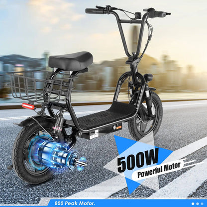 Caroma 500W Electric Scooter with Seat 14 Inch Fat Tire 500Wh Battery 25 Miles Range 20MPH Speed Foldable with Basket and Shock Absorbing System