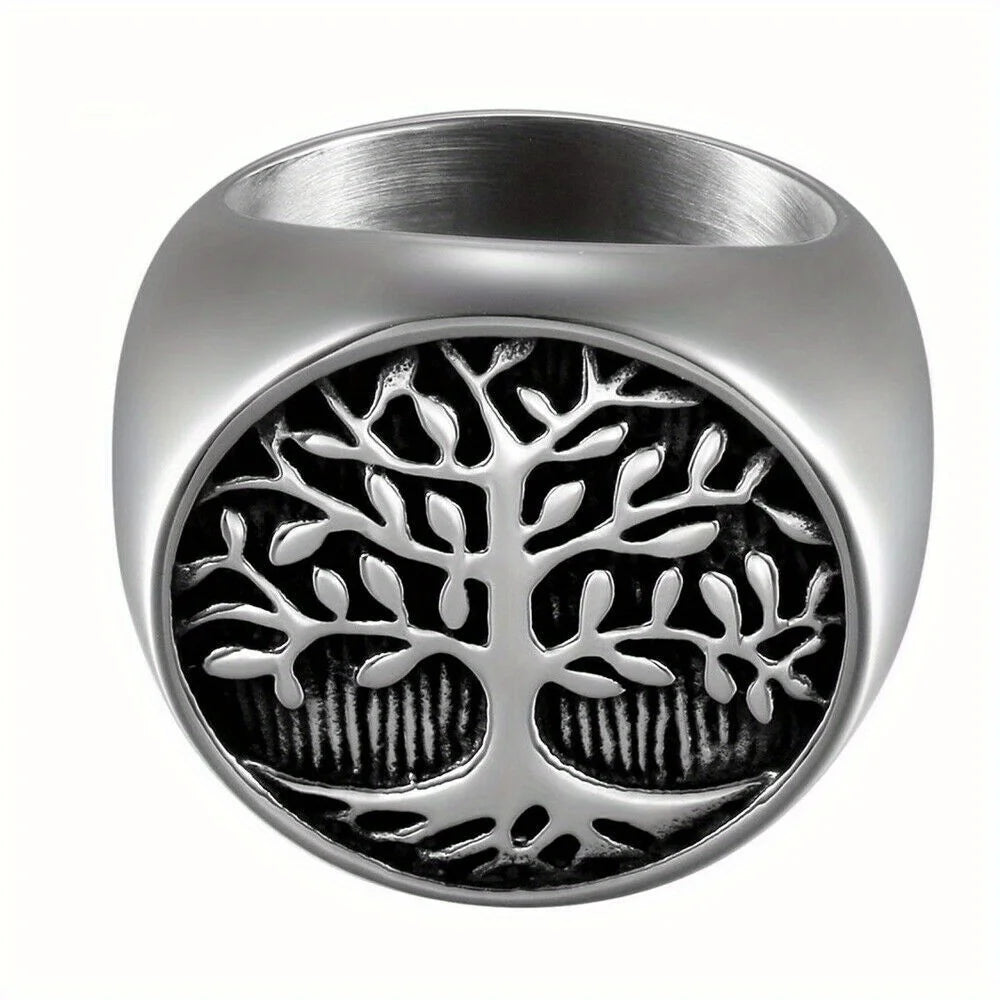 Mens Vintage Stainless Steel Tree Band Ring