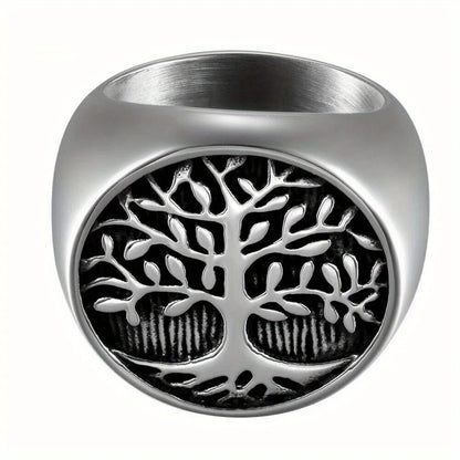 Mens Vintage Stainless Steel Tree Band Ring