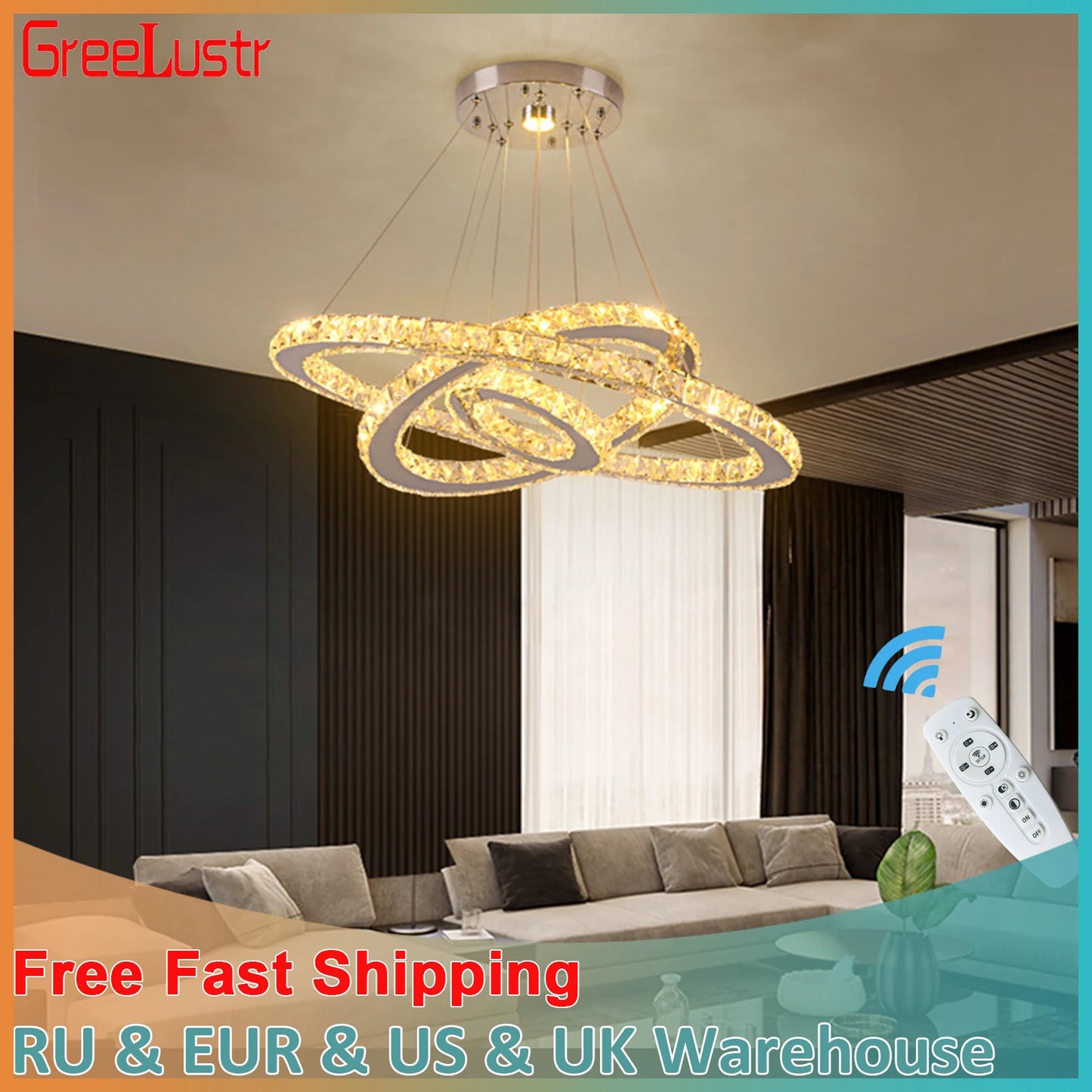 Luxury Crystal Modern Pendant Light DIY Rings Led Dimmable Chandelier Ceiling Lamp for Living Room Decor