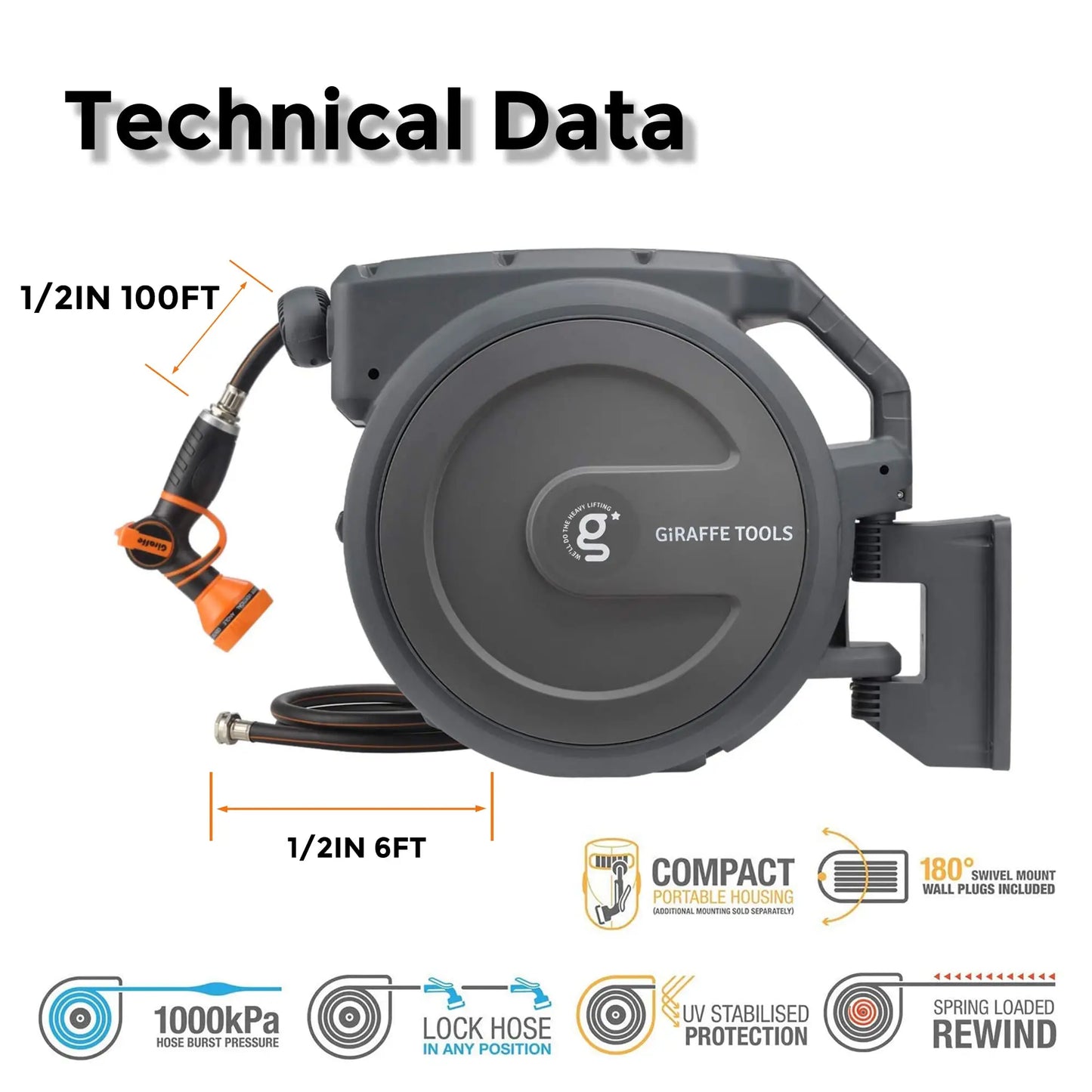 Giraffe Tools AW30 Garden Hose Reel Retractable 1/2 x 100 ft Wall Mounted