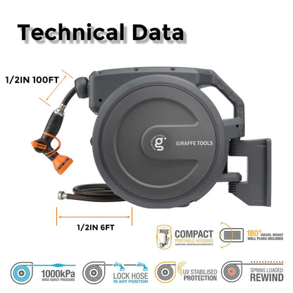 Giraffe Tools AW30 Garden Hose Reel Retractable 1/2 x 100 ft Wall Mounted