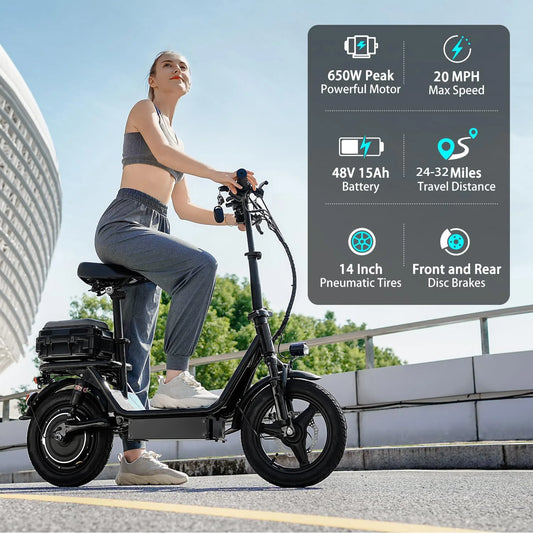 Folding Electric Scooter with Trunk 500W Motor Peak 650W 48V 15Ah 20MPH 24 to 32 Mile Range Motorcycle for Commuting Travel