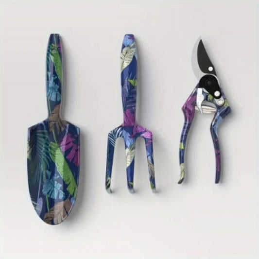Three Piece Gardening Tool Set with Tropical Palm Design