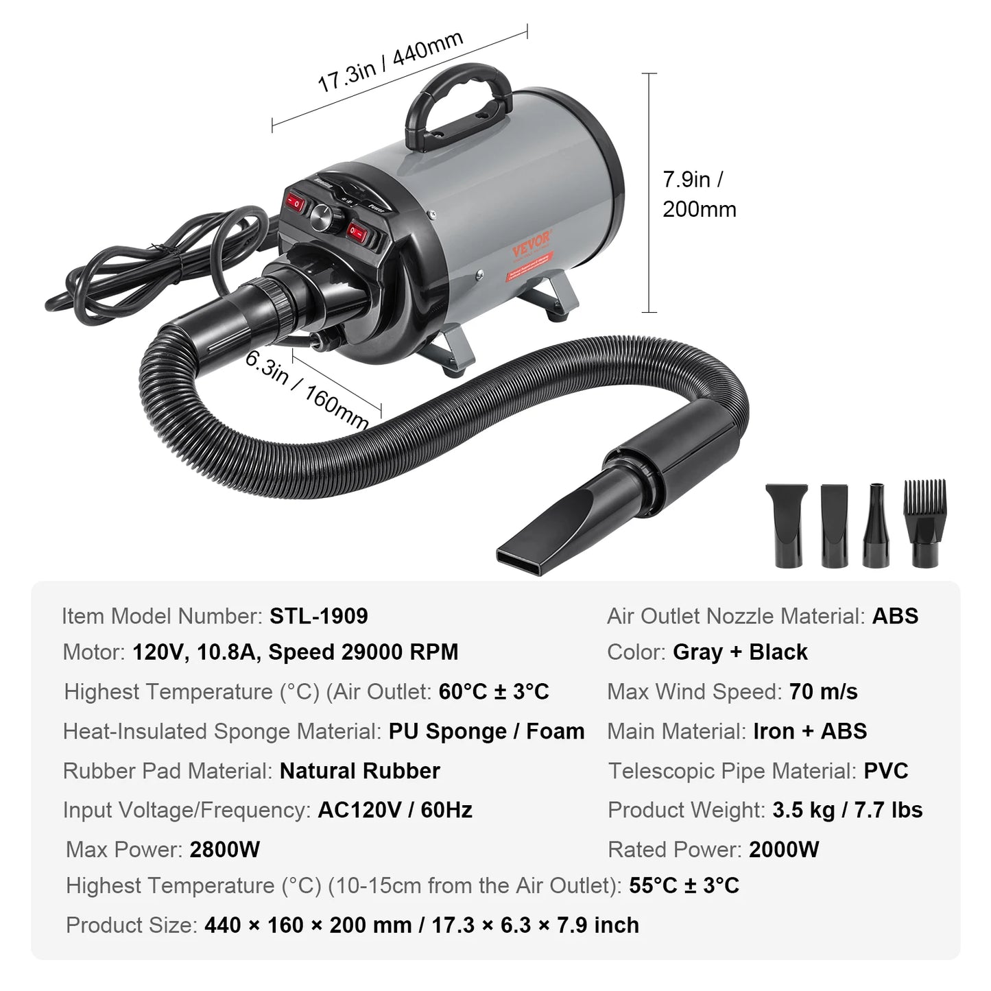 High-Power Adjustable Pet Blow Dryer with Nozzles and Hose