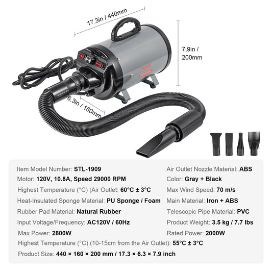 High-Power Adjustable Pet Blow Dryer with Nozzles and Hose