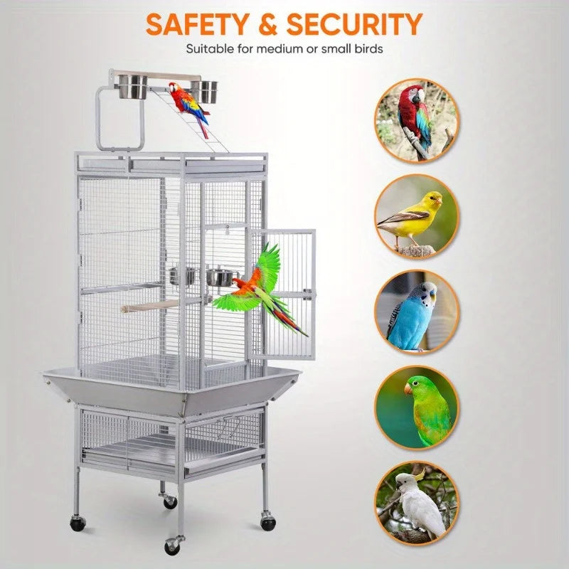 Large Rolling Parrot Cage with Game Top and Easy Cleaning