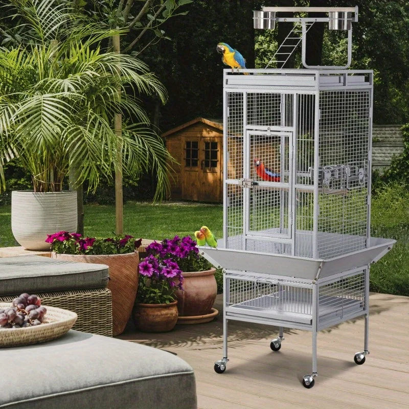 Large Rolling Parrot Cage with Game Top and Easy Cleaning
