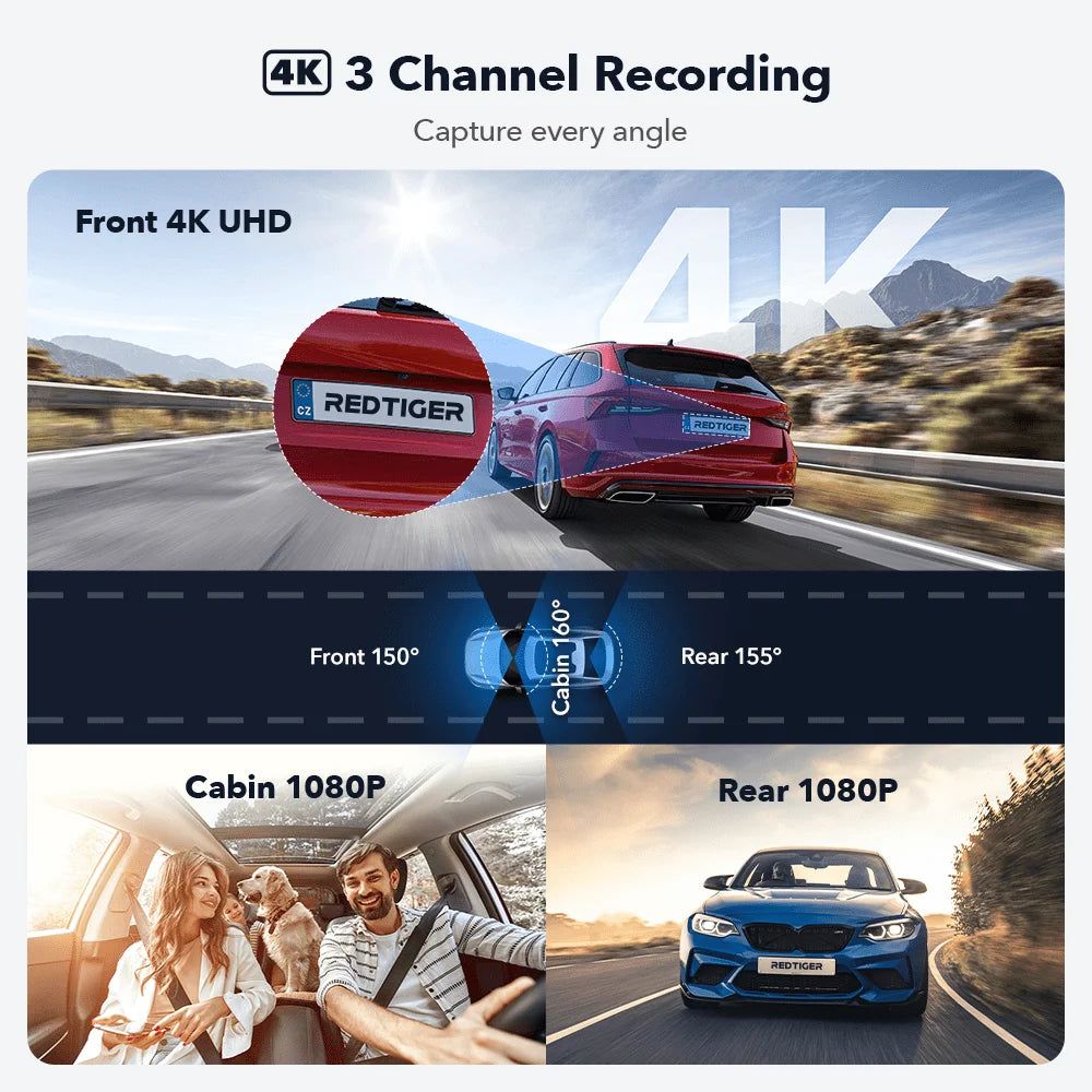 REDTIGER 3 Channel 4K Dash Camera with Night Vision and GPS