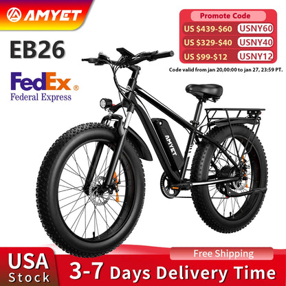 Amyet EB26 Electric Bike for Adults 1000W 48V 15AH E Bike 26 Inch Fat Tire Mountain Dual Shock Absorber 31mph