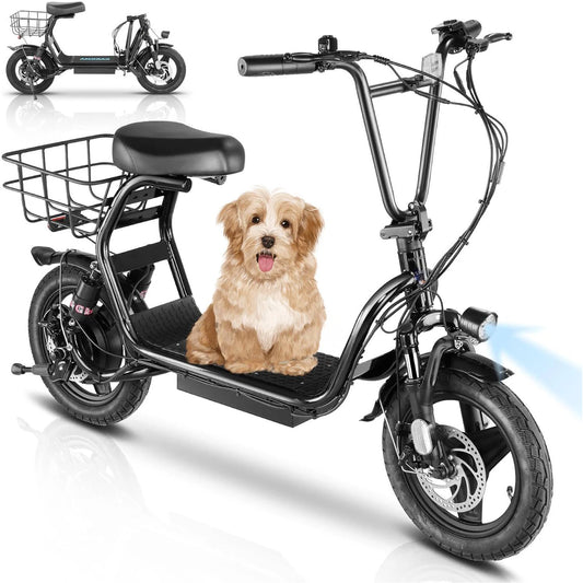 Caroma 500W Electric Scooter with Seat 14 Inch Fat Tire 500Wh Battery 25 Miles Range 20MPH Speed Foldable with Basket and Shock Absorbing System