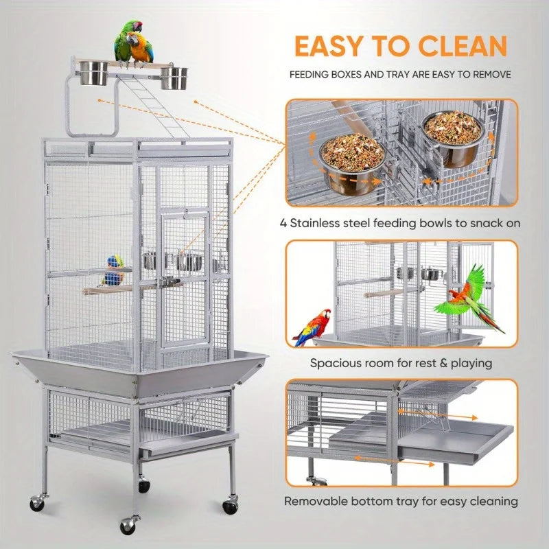 Large Rolling Parrot Cage with Game Top and Easy Cleaning