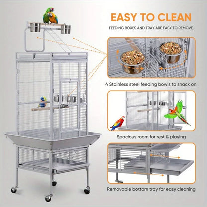 Large Rolling Parrot Cage with Game Top and Easy Cleaning