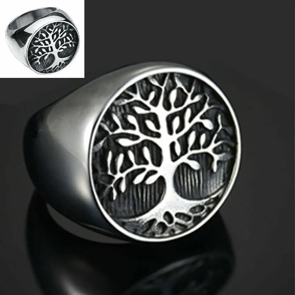 Mens Vintage Stainless Steel Tree Band Ring