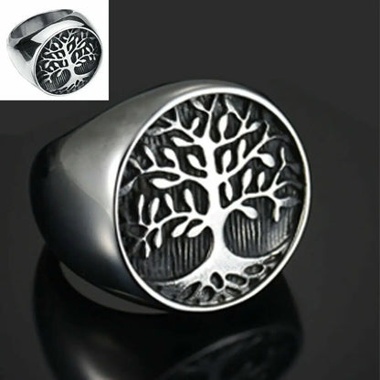 Mens Vintage Stainless Steel Tree Band Ring