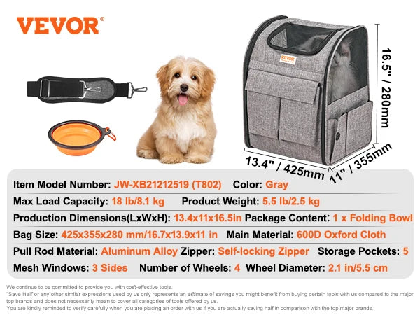 Breathable Pet Carrier Backpack with Wheels and Shoulder Strap