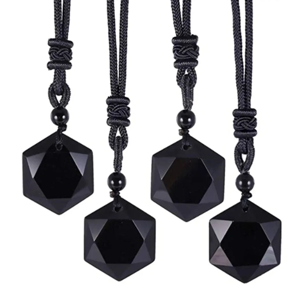 Obsidian Hexagram Pendant Necklace for Protection and Luck