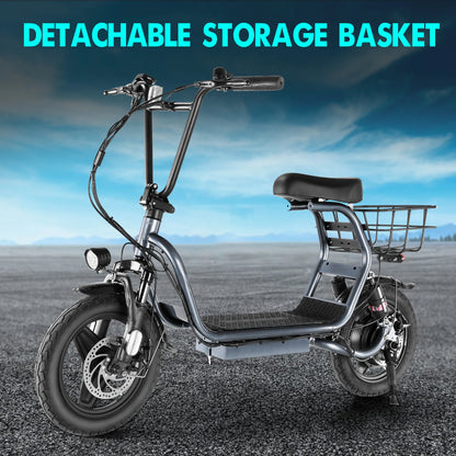 Caroma 500W Electric Scooter with Seat 14 Inch Fat Tire 500Wh Battery 25 Miles Range 20MPH Speed Foldable with Basket and Shock Absorbing System