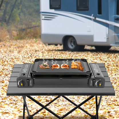 Double Head Barbecue Gas Stove with Grill Tray for Outdoors